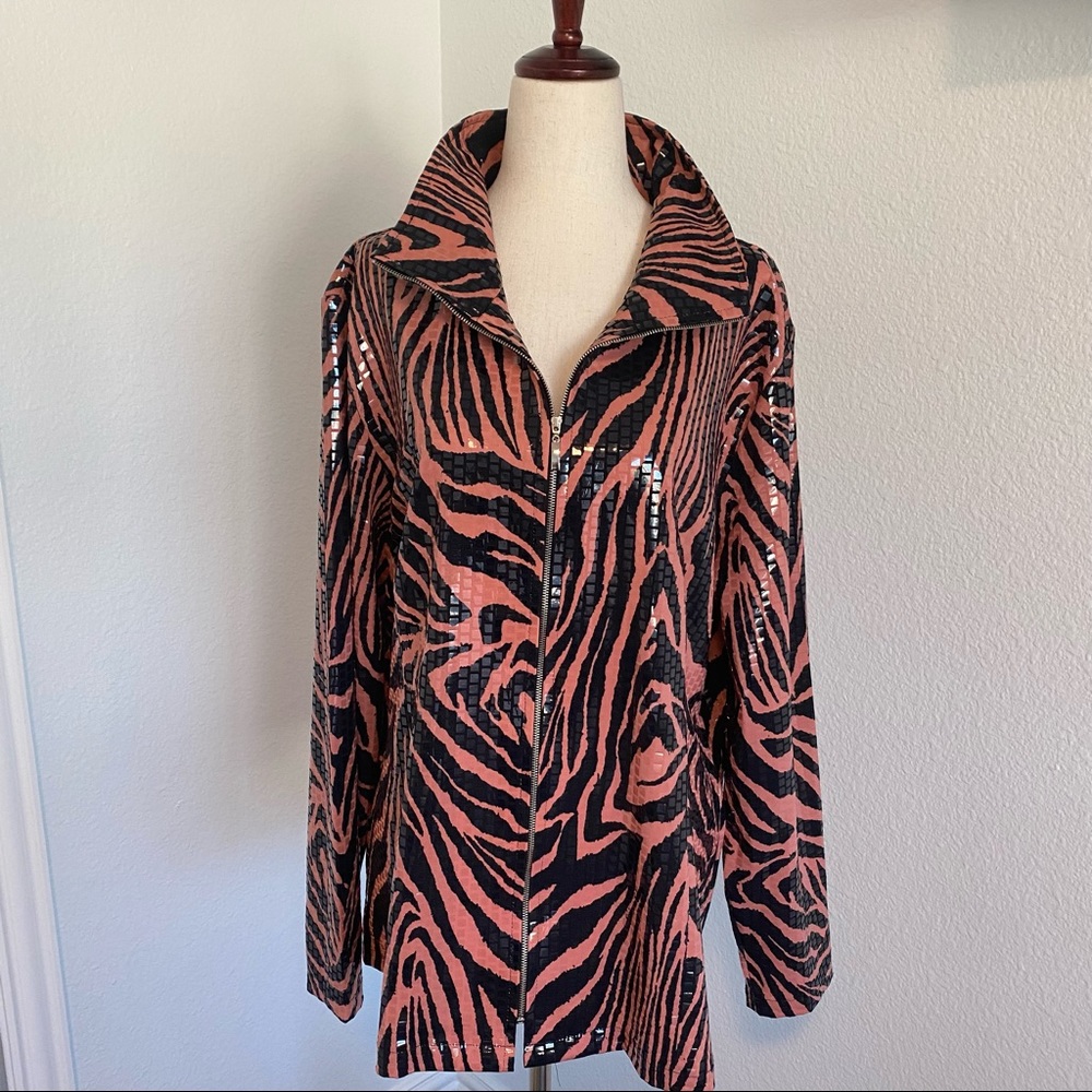 Misook Pink Black Accent Shimmery Animal Zebra Print Zip Glam Jacket 1X
